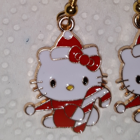 Hello Kitty Winter Holiday Candy Cane Earrings.Red Whte Gold Enamel Earw… - Picture 2 of 7